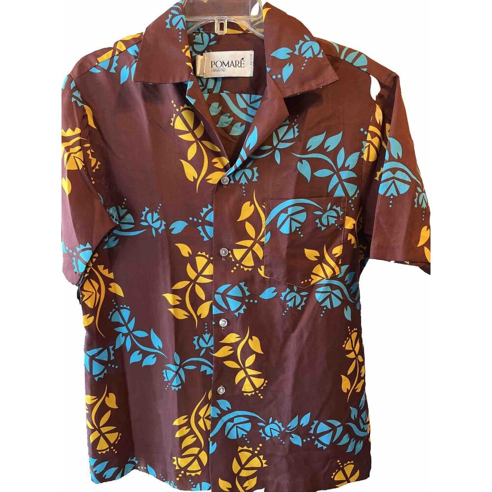 Pomare Vintage Men’s M Brown Floral Polyester SS Button Down Hawaiian Shirt